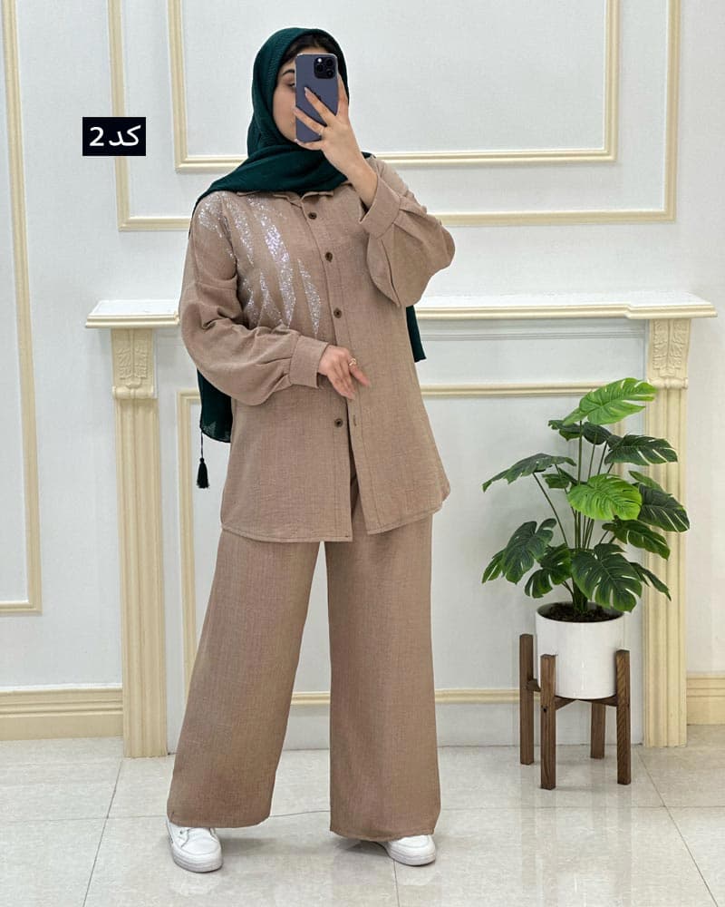 ست شومیز شلوار شانتون نگینی کد۳۴۴۱۲۱ — تصویر ۳