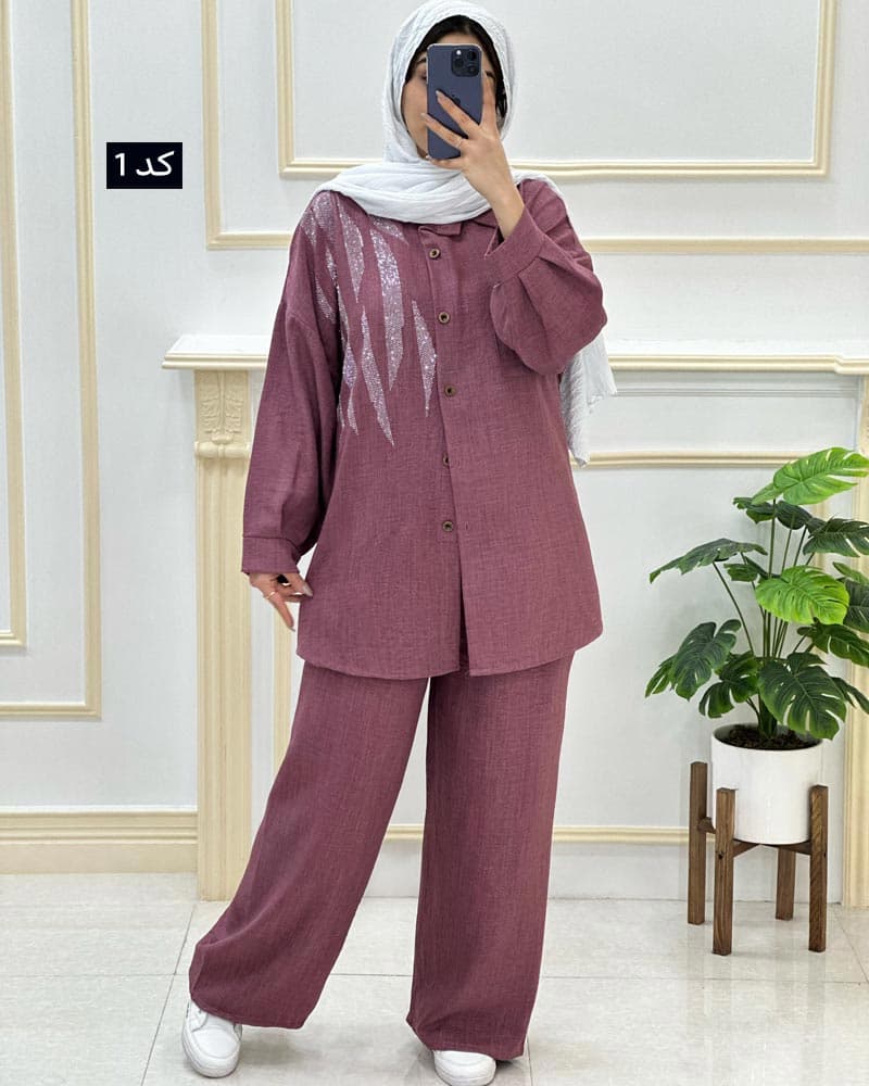 ست شومیز شلوار شانتون نگینی کد۳۴۴۱۲۱ — تصویر ۲