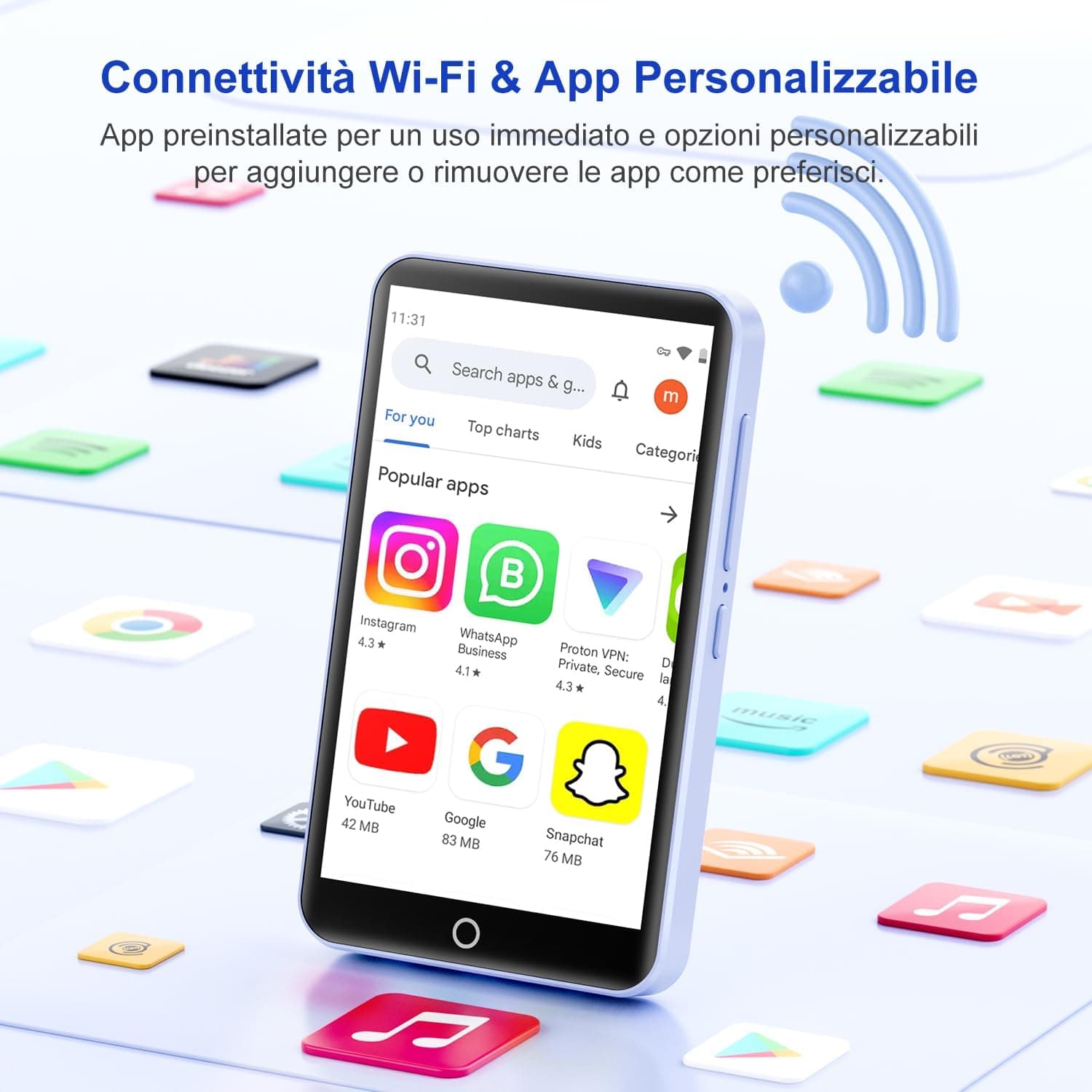 پخش کننده MP3 96 گیگابایتی با بلوتوث و وای فای، صفحه نمایش لمسی 4.02 اینچی، پخش کننده MP4 MP3، پخش کننده MP3 قابل حمل اندروید با Spotify، Audible، Amazon Music، Deezer، پخش کننده موسیقی HiFi با 96 گیگ — تصویر ۲