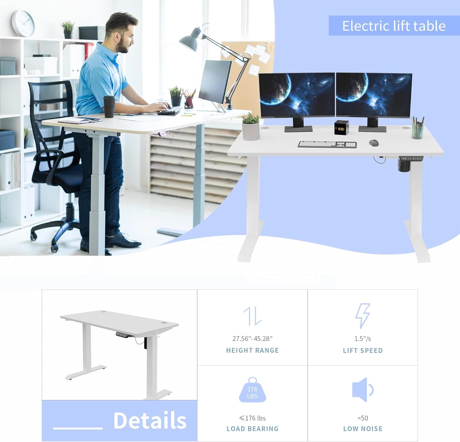 میز ایستاده با قابلیت تنظیم ارتفاع SUNLEI میز ایستاده ارگونومیک برای دفتر خانه 55 × 24 اینچ ذخیره سازی قلاب تخته اسپلایس 55 اینچ سفید و سفید — تصویر ۳
