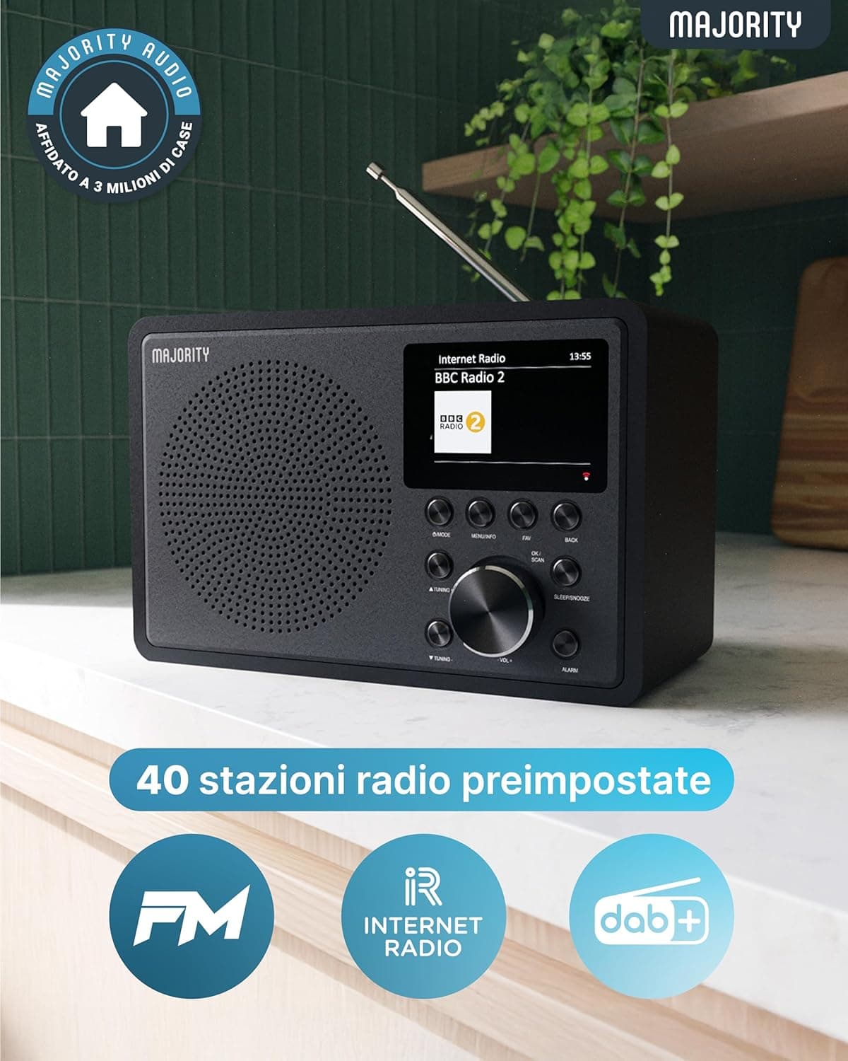 اکثریت رادیو اینترنتی WiFi Touro DAB+ FM Digital | بلوتوث، USB، برنامه Oktiv، Spotify Connect | ساعت زنگ دار دوبل، نمایشگر LCD | رادیو آشپزخانه و خانه با صدای استریو — تصویر ۵