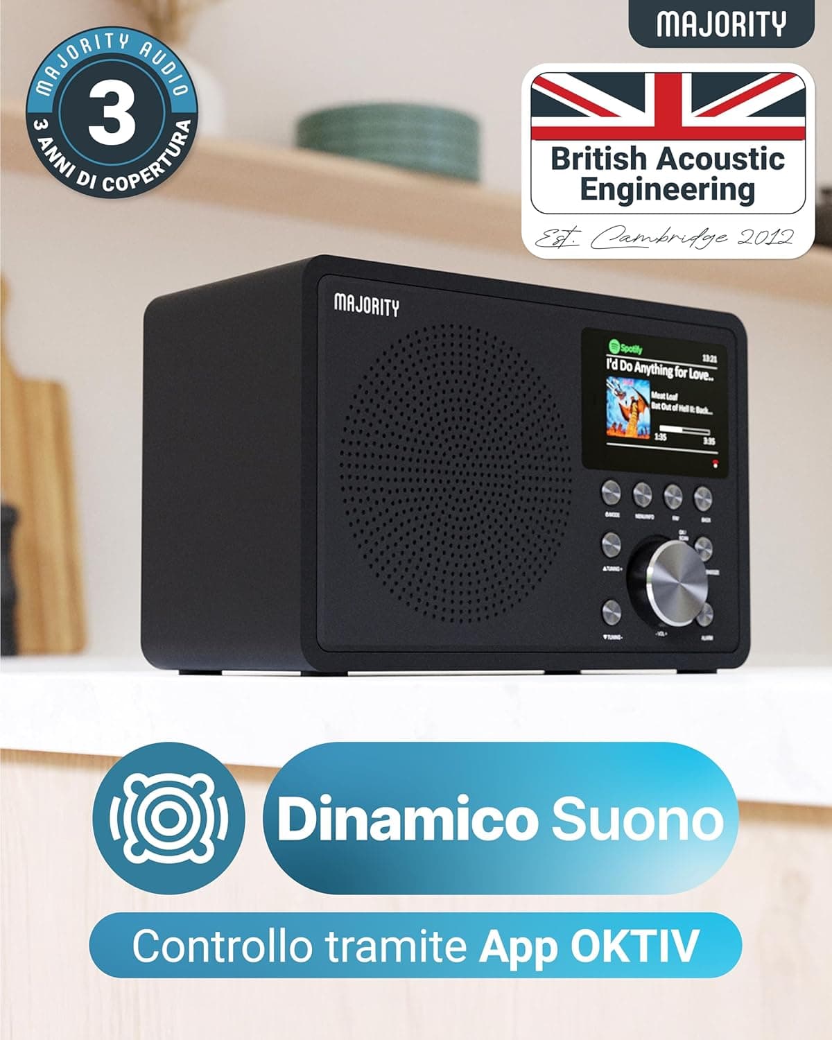 اکثریت رادیو اینترنتی WiFi Touro DAB+ FM Digital | بلوتوث، USB، برنامه Oktiv، Spotify Connect | ساعت زنگ دار دوبل، نمایشگر LCD | رادیو آشپزخانه و خانه با صدای استریو — تصویر ۳