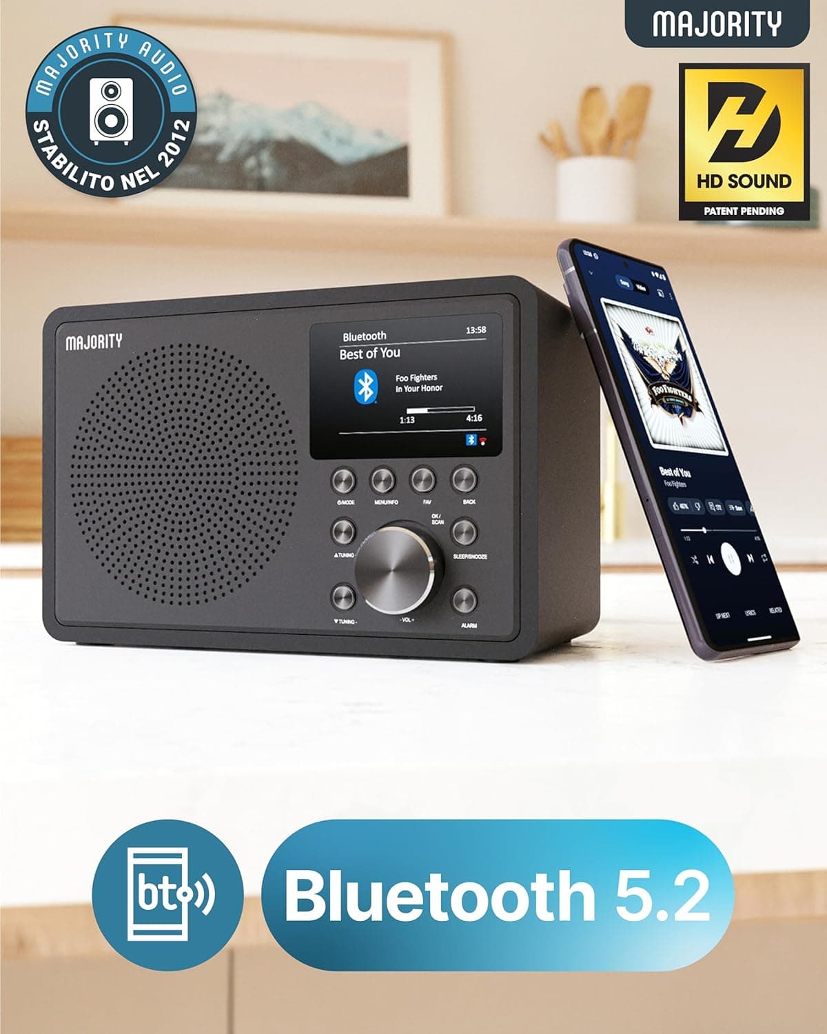 اکثریت رادیو اینترنتی WiFi Touro DAB+ FM Digital | بلوتوث، USB، برنامه Oktiv، Spotify Connect | ساعت زنگ دار دوبل، نمایشگر LCD | رادیو آشپزخانه و خانه با صدای استریو — تصویر ۲