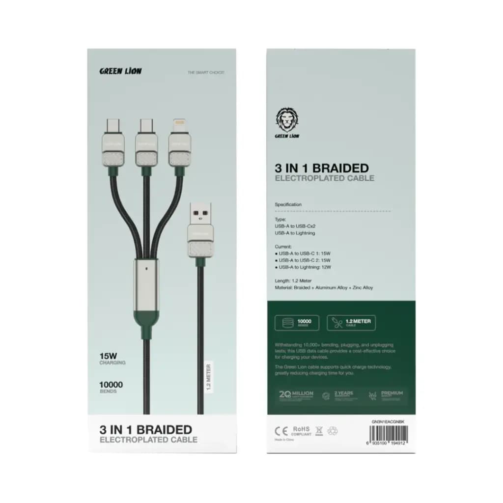 کابل بافته‌شده ۳ در ۱ گرین لاین (GN3N1EACGN) Green Lion 3-in-1 Braided Cable — تصویر ۴