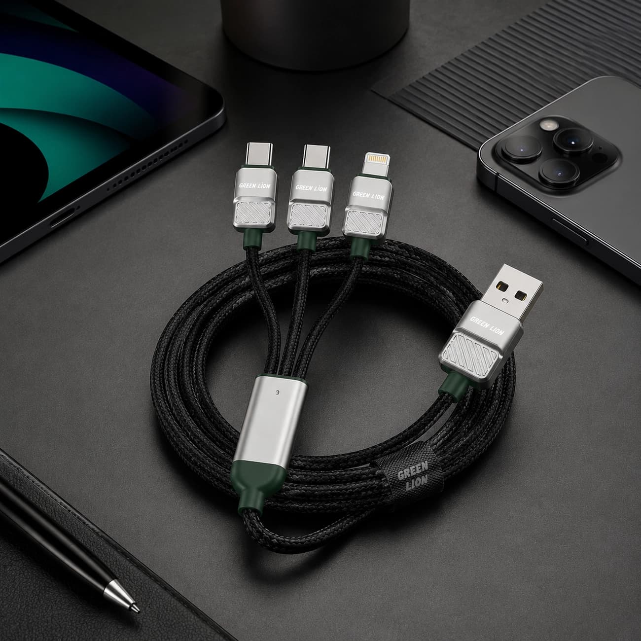 کابل بافته‌شده ۳ در ۱ گرین لاین (GN3N1EACGN) Green Lion 3-in-1 Braided Cable — تصویر ۳