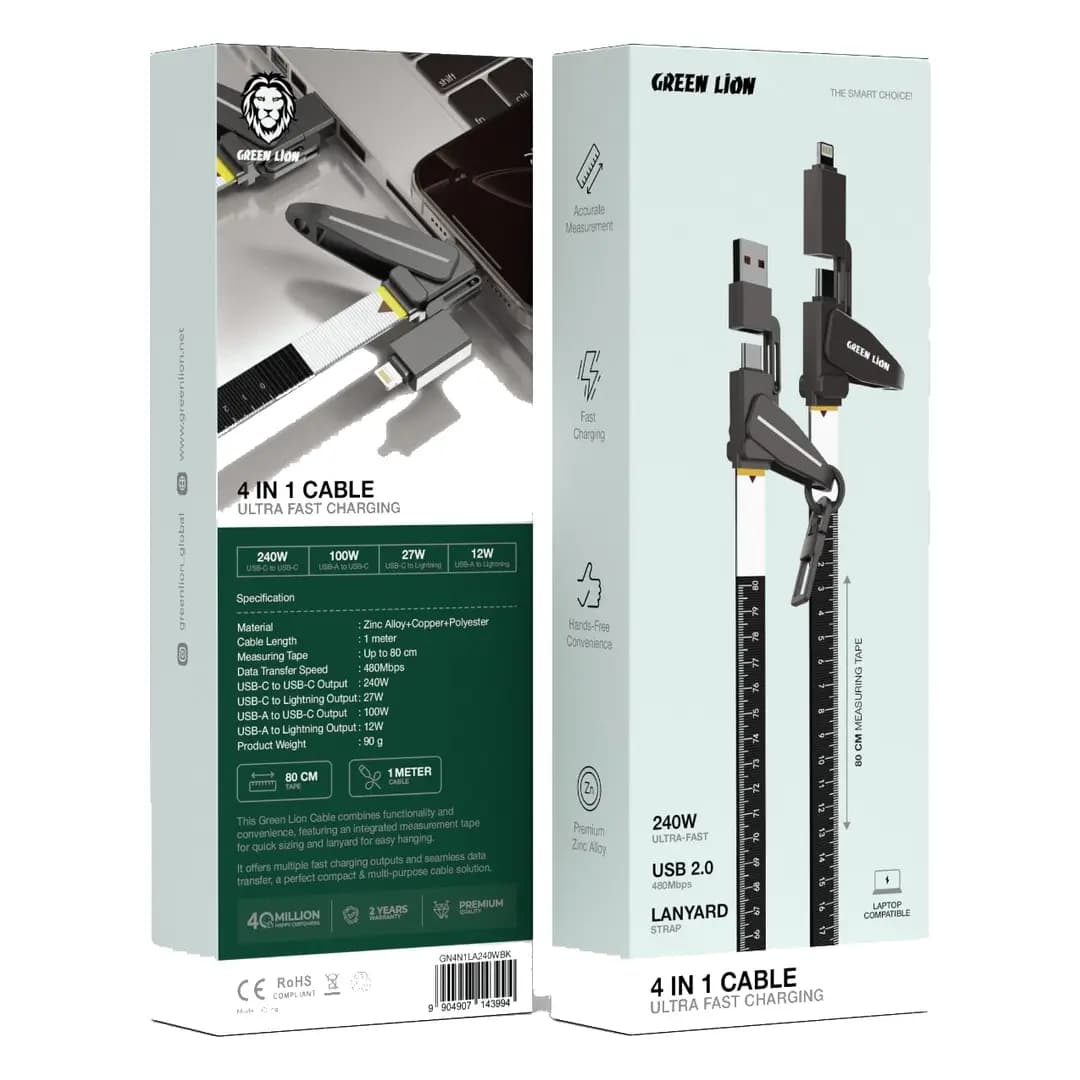 کابل شارژ و انتقال داده ۴ در ۱ گرین لاین (GN4N1LA240W) Green Lion 4-in-1 Fast Charging Cable — تصویر ۵