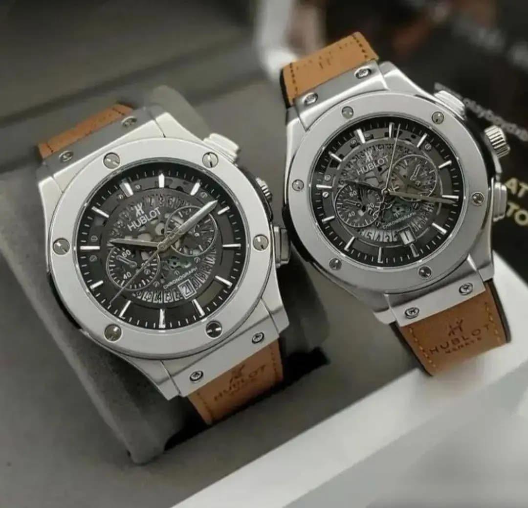 ساعت مچی ست مردانه و زنانه Hublot (نقره ای بند قهوه ای) کد 4564