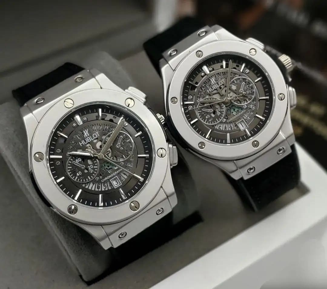 ساعت مچی ست مردانه و زنانه Hublot (نقره ای بند مشکی) کد 4564
