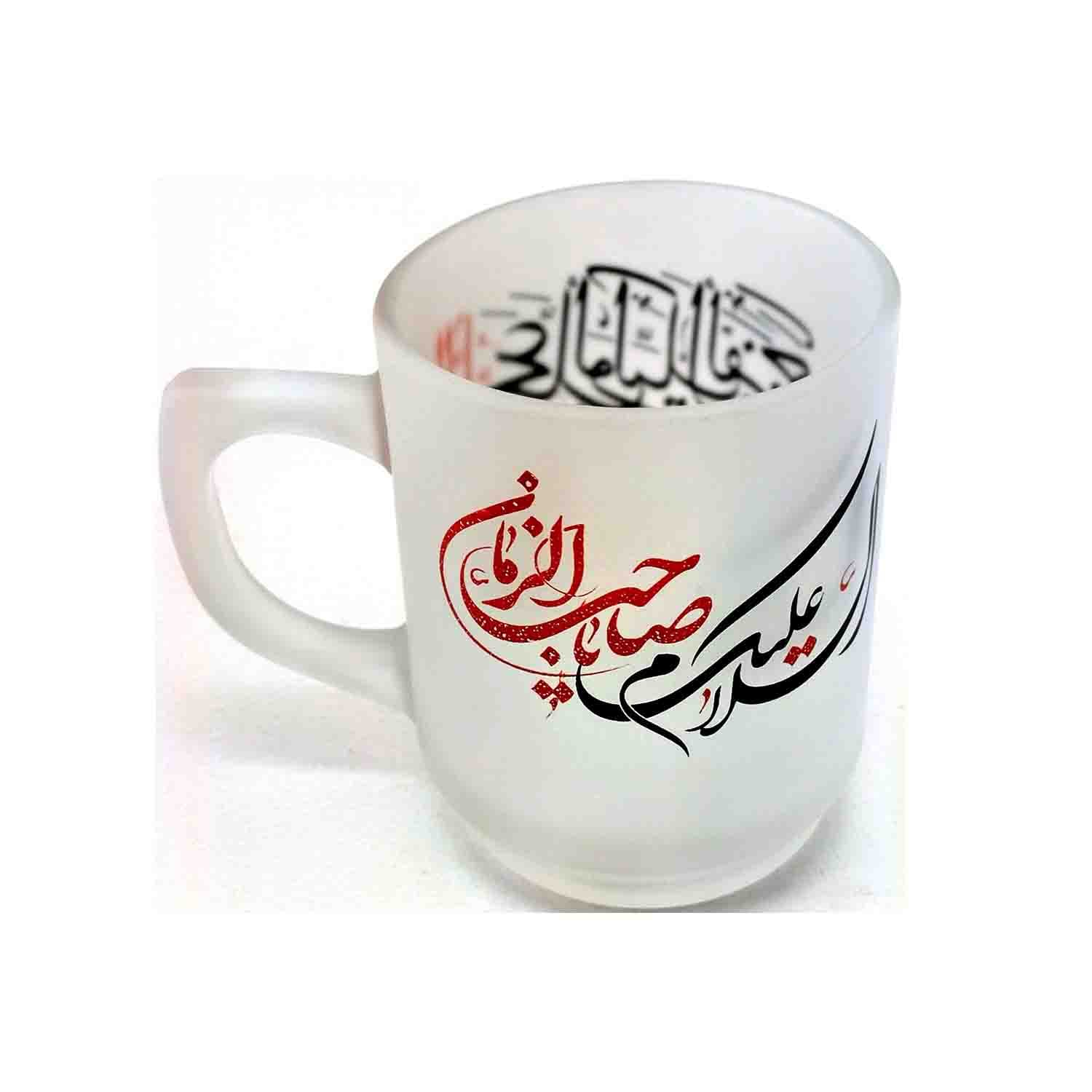 لیوان شیشه ای دسته دار مات طرحهای متنوع مهدوی-ماگ مات مذهبی قطر دهانه 7 ارتفاع 9سانت کد 103898 — تصویر ۳