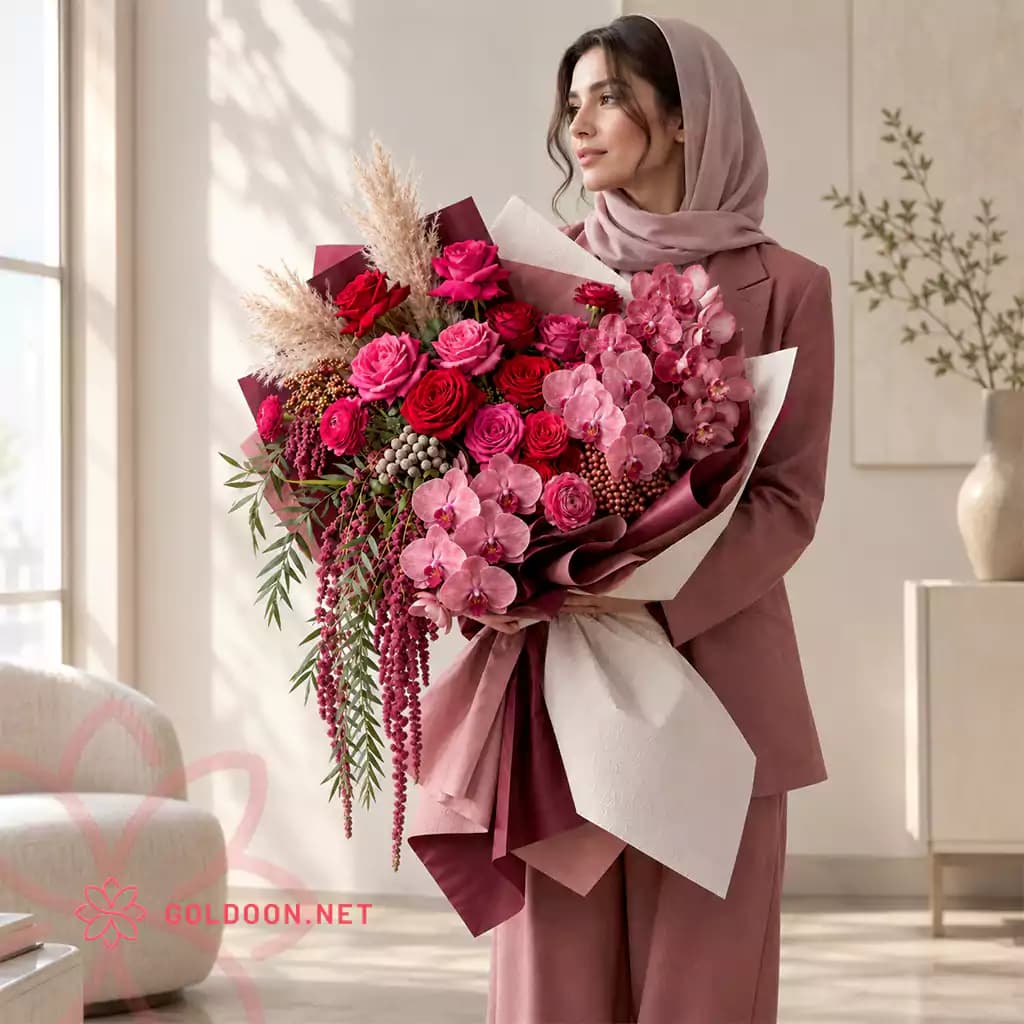 دسته گل رز و ارکیده صورتی کد 015 — تصویر ۲