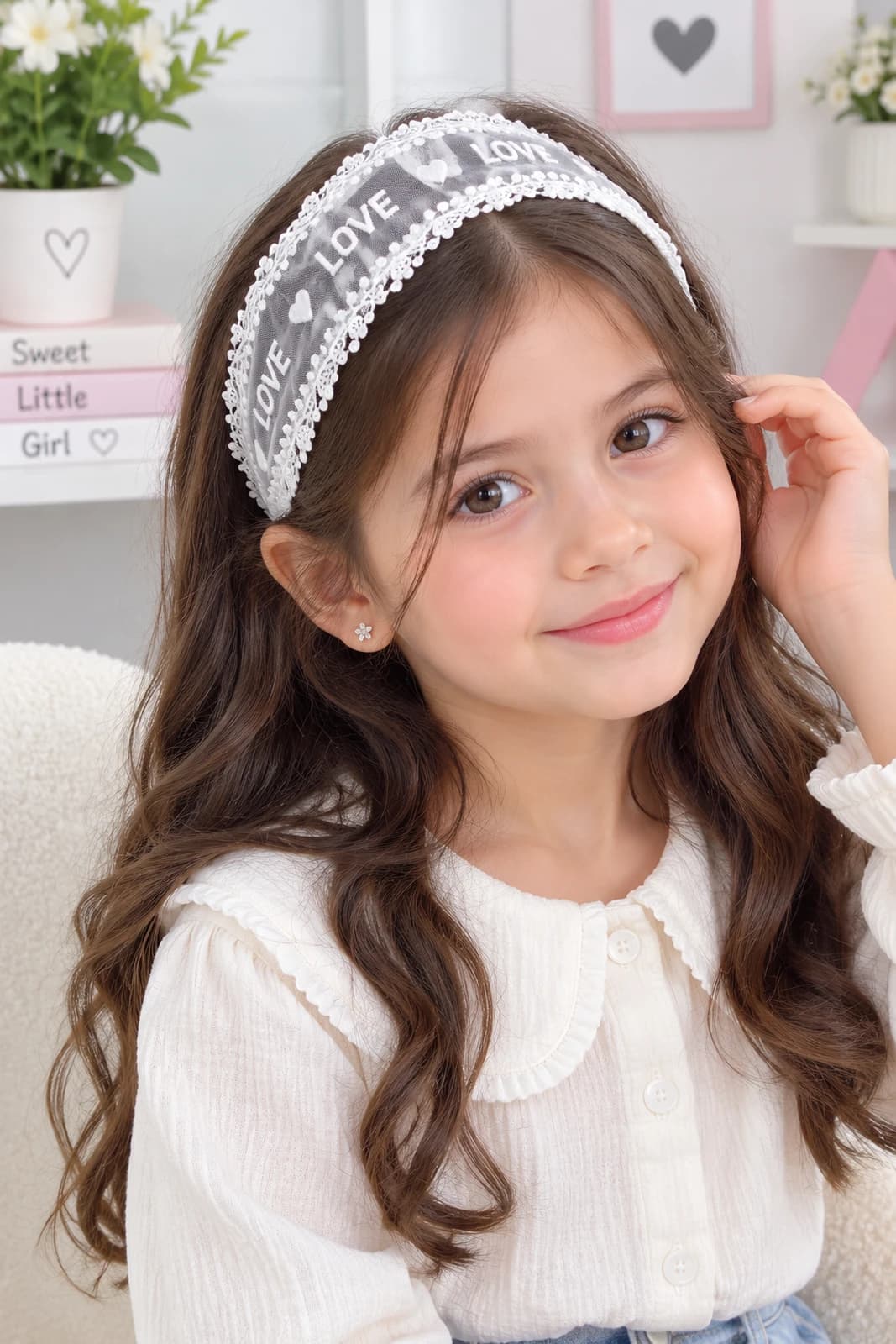 هدبند دخترانه گیپور مدل LOVE مناسب ۸ تا ۲۰ سال