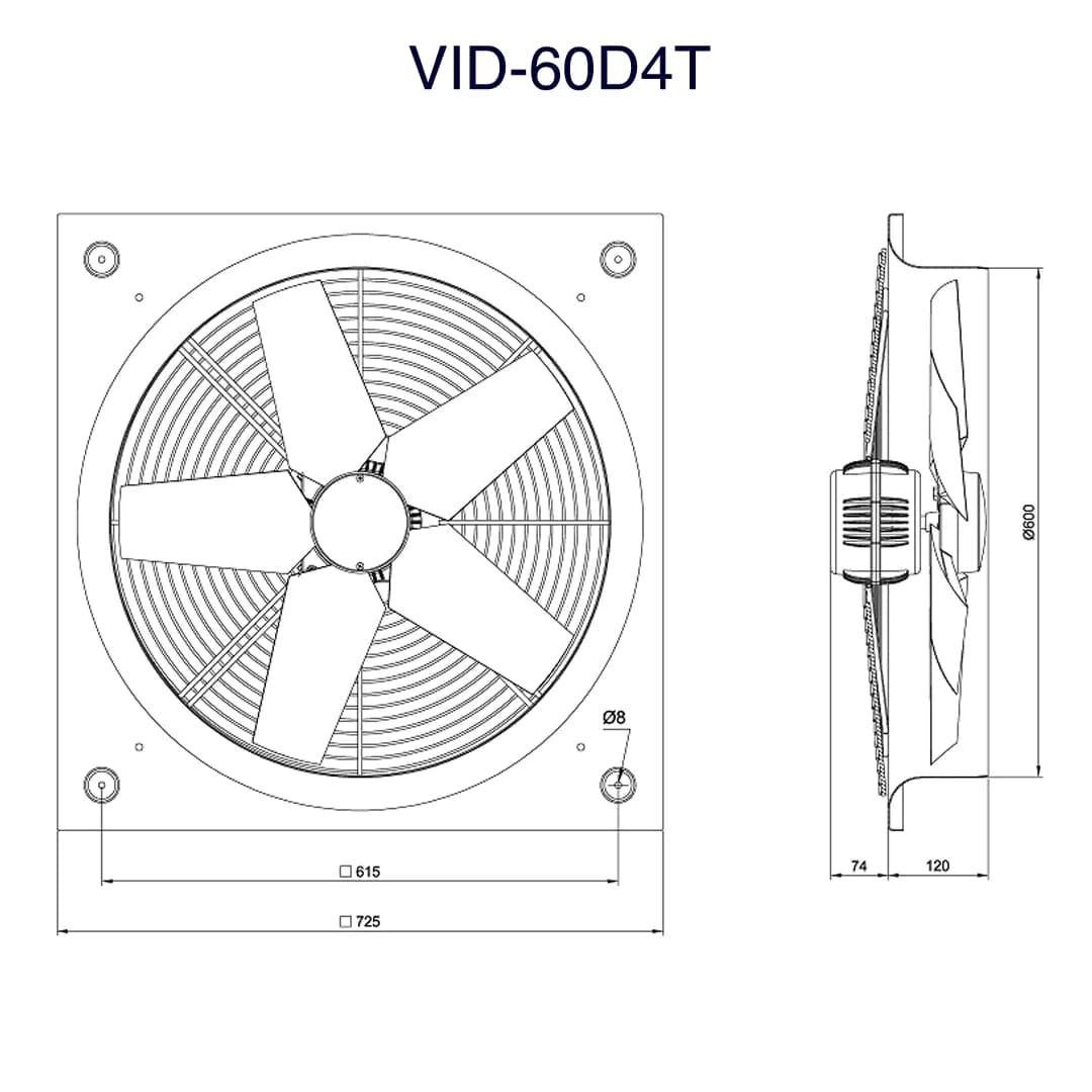 هواکش صنعتی سبک فلزی دمنده مدل VID-60D4T سایز 60 سانت — تصویر ۲
