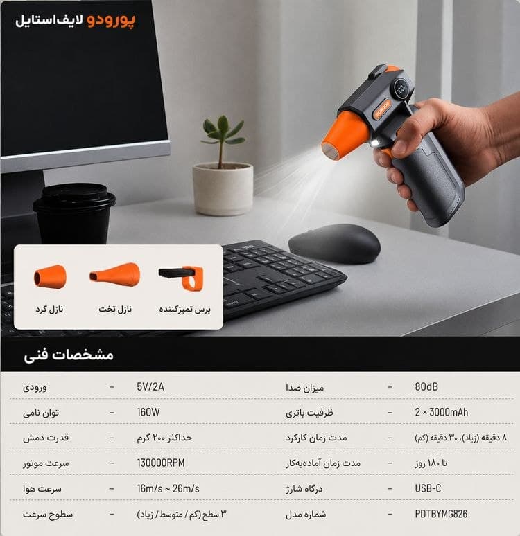 جت فن شارژی پرودو Turbo Air Duster مدل PDTBYMG826BK — تصویر ۶