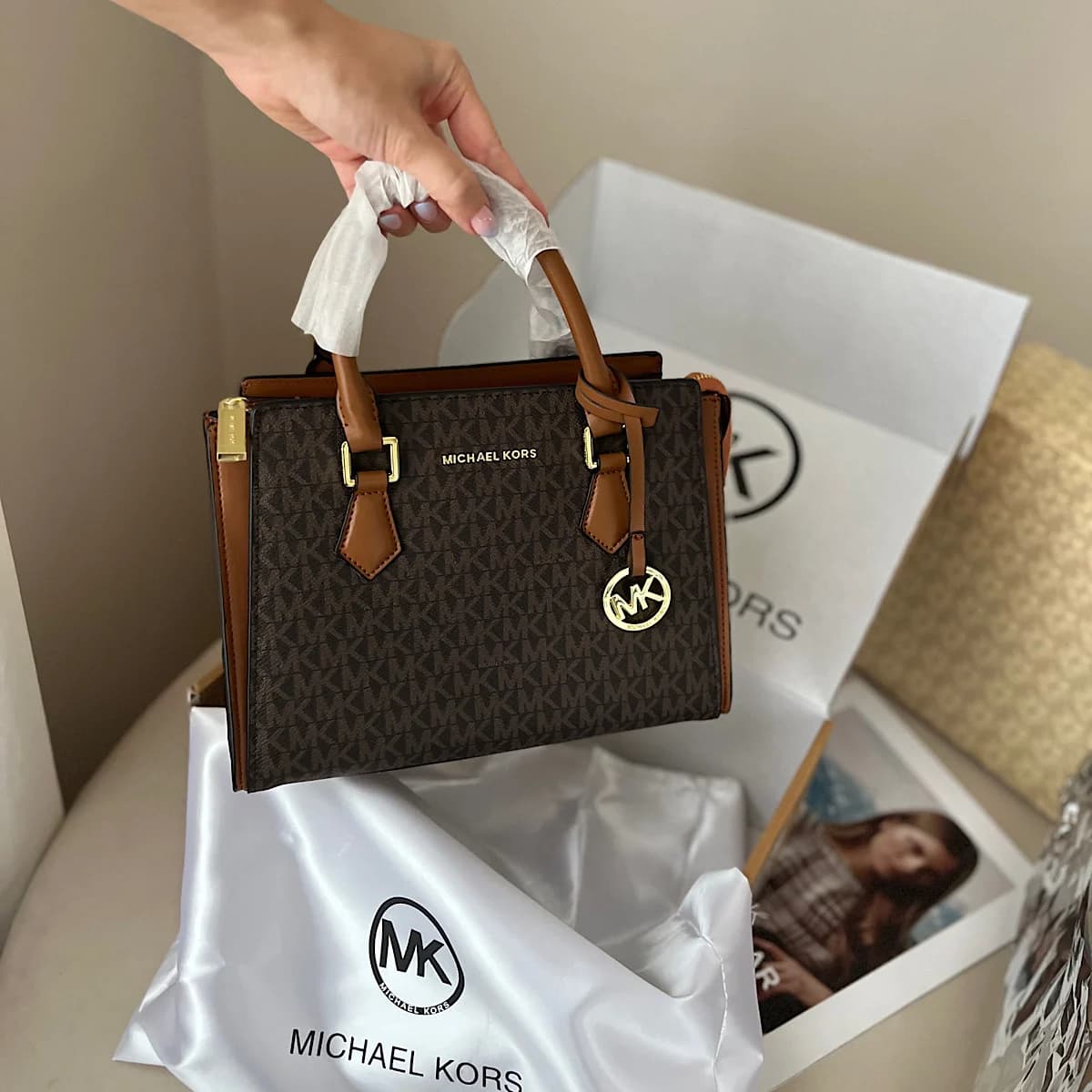 کیف مایکل کورس Michael Kors Brown Hope Signature Satchel