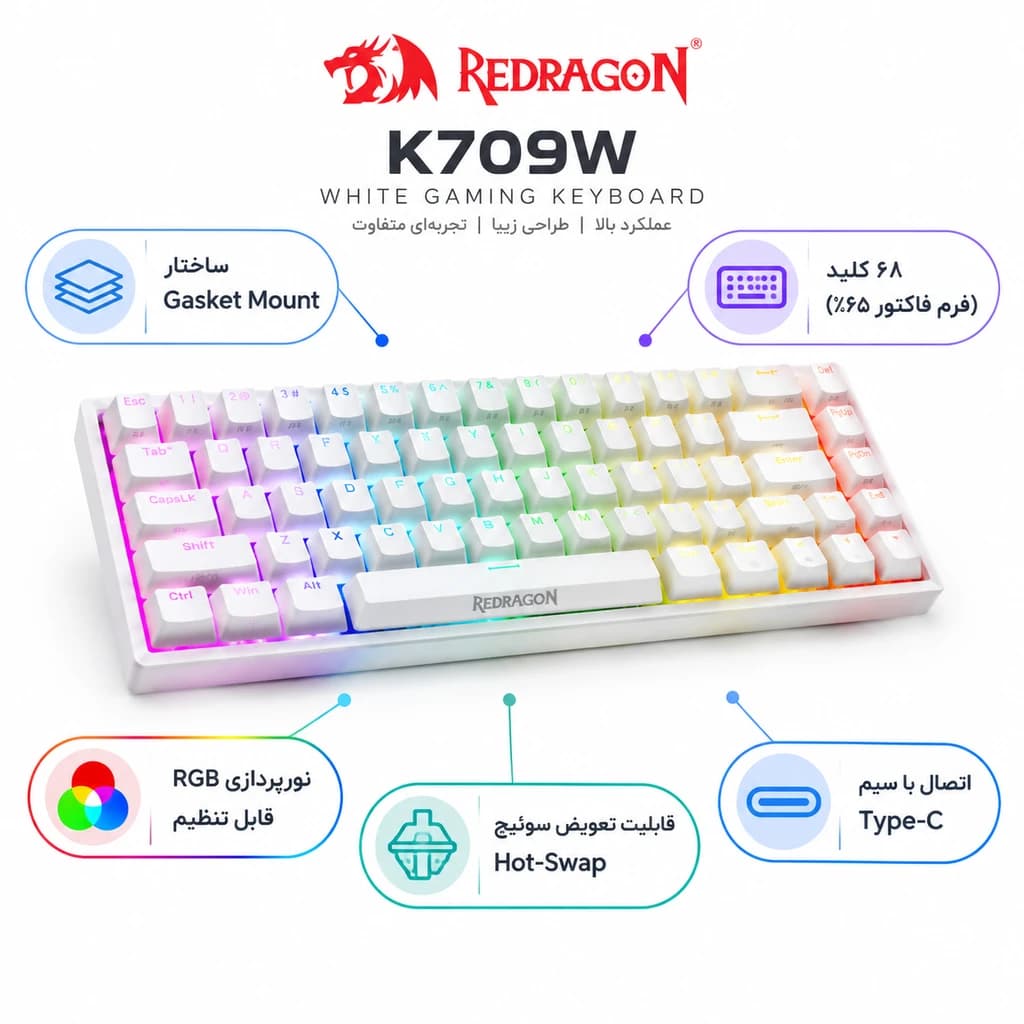 کیبورد گیمینگ مکانیکال ردراگون Redragon K709W Wired Gasket RGB رنگ سفید — تصویر ۳