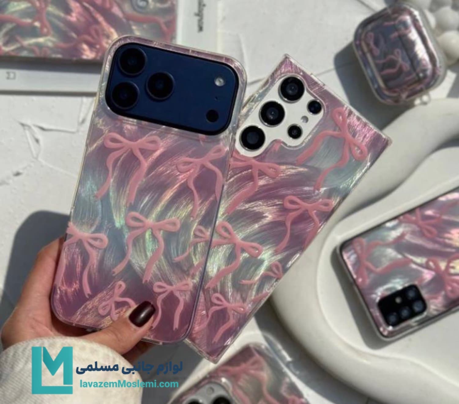 قاب گوشی دخترانه پاپیونی موج‌دار صورتی کد C3088 | لوازم جانبی مسلمی