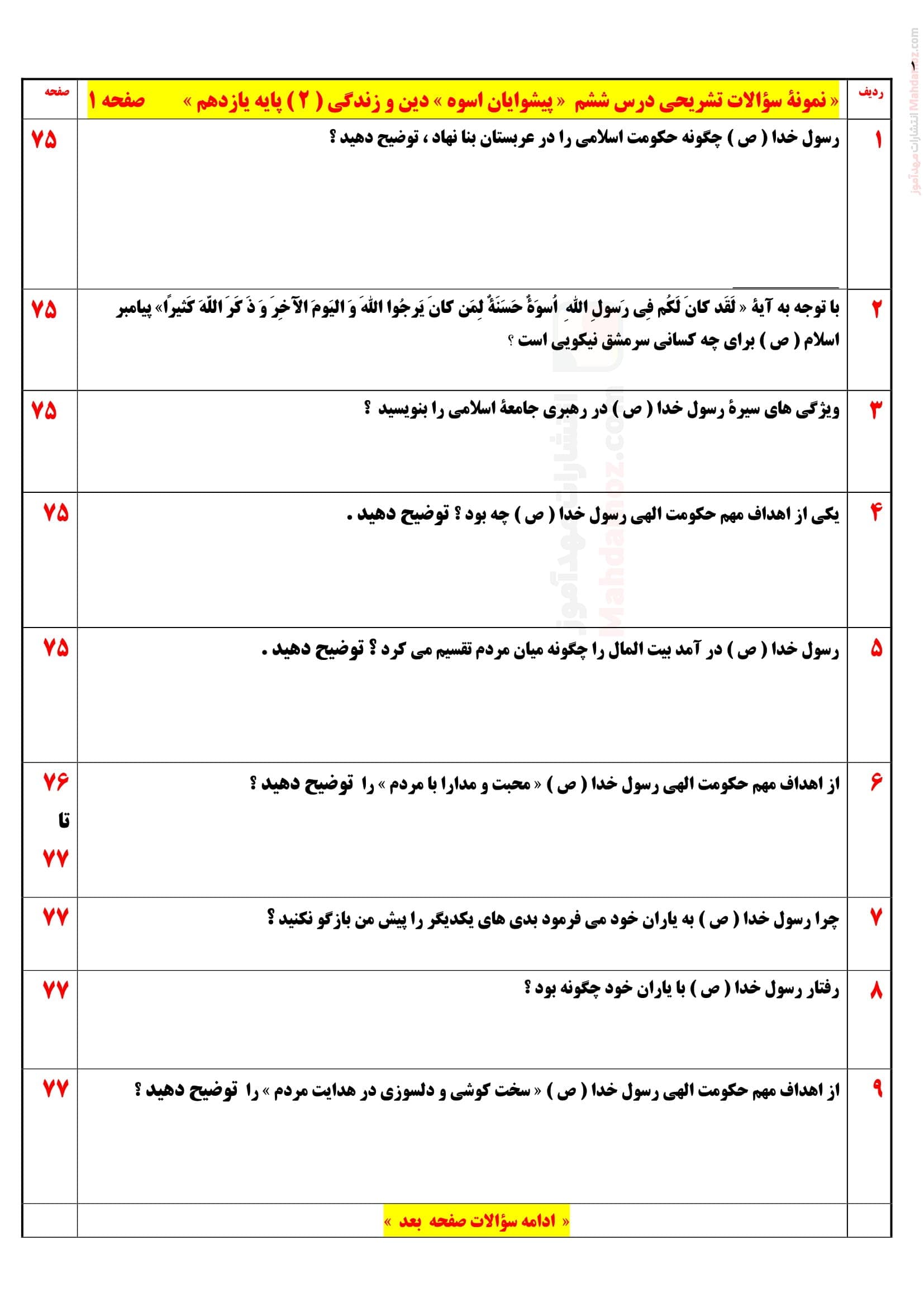 سوال و جواب بخش 1 درس 6 پیشوایان اسوه دینی پایه یازدهم | با جواب