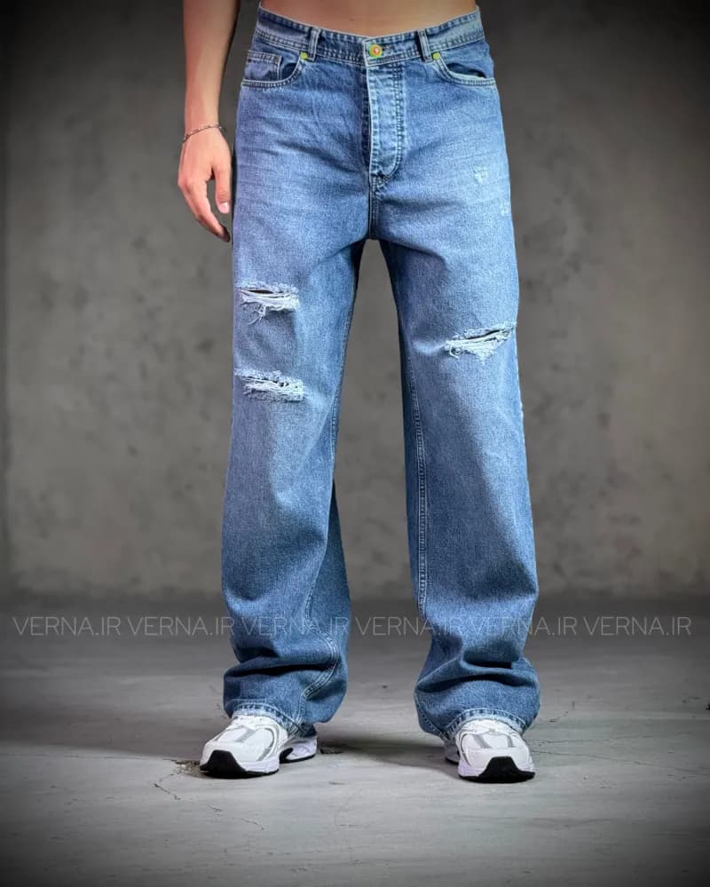 شلوار فول بگ مردانه جین زاپدار OLD BLUE 10901