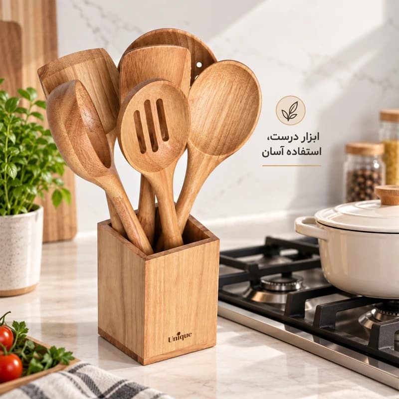 سرویس کفگیر و ملاقه چوبی 6 پارچه یونیک کد 1106 به همراه استند — تصویر ۲