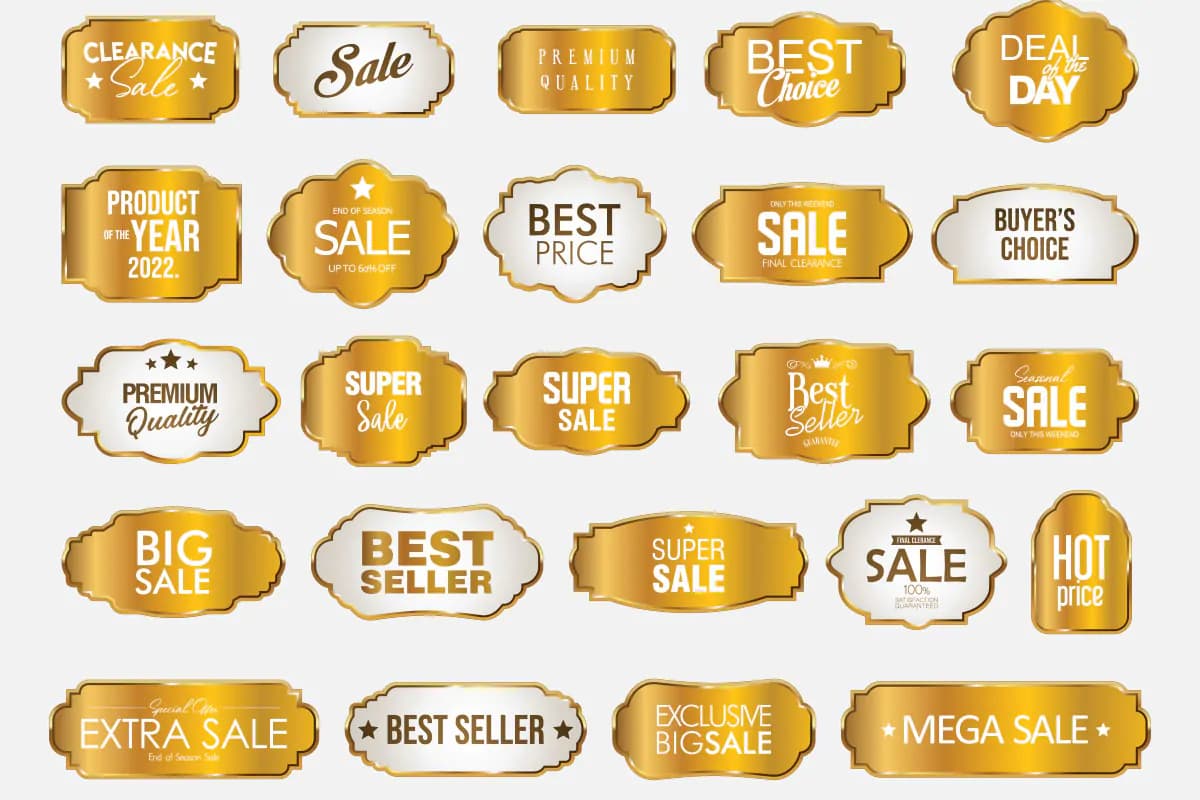 44 طرح وکتور استیکر تبلیغاتی فروش و تخفیف طلایی