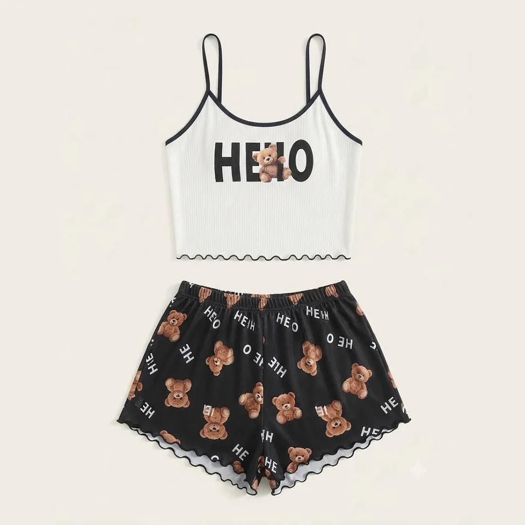 تاپ شورتک نخی خنک کبریتی ریژان طرح hello — تصویر ۳