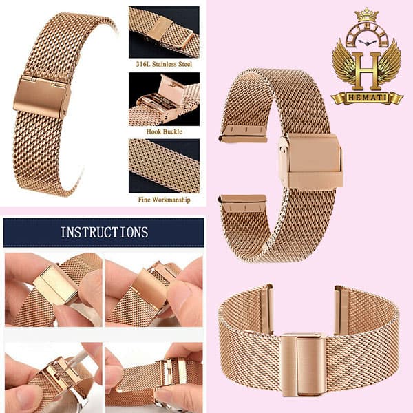 بند ساعت مچی حصیری ریز باف در سایزبندی BSTH100 (رزگلد) — تصویر ۲