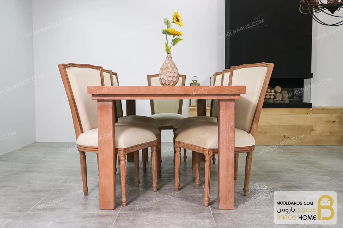 میز ناهارخوری چوبی کلاسیک نیلای با صندلی کارن — تصویر ۳