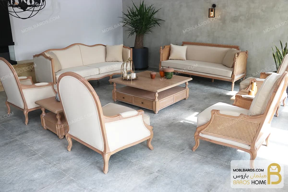 ست مبلمان ۱۰ نفره نئوکلاسیک ترکیبی گندم و کاجی و روما — تصویر ۲