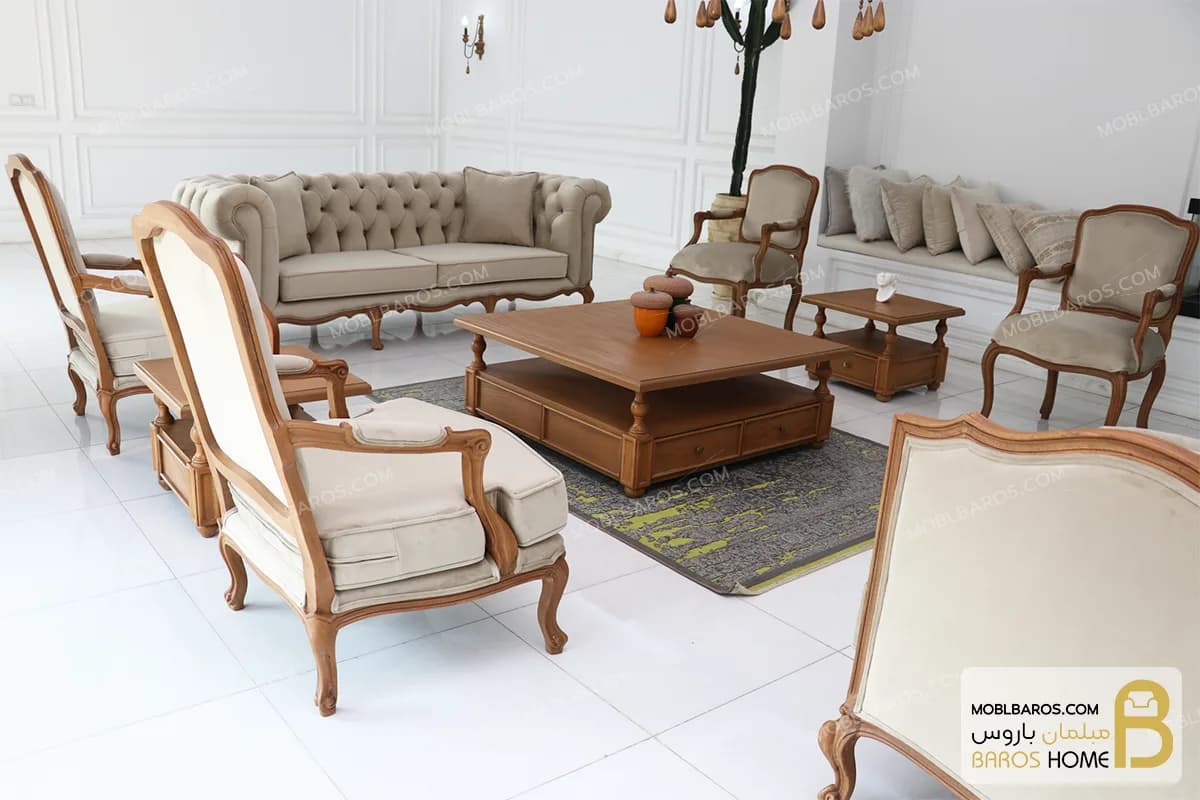 ست مبلمان ۱۰ نفره ترکیبی نئوکلاسیک گندم و جورجیا چستر — تصویر ۵