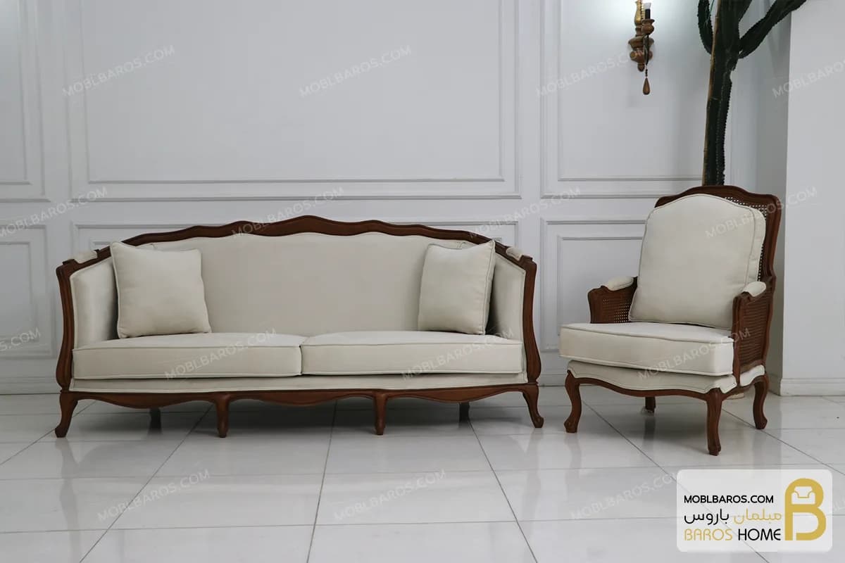 ست مبلمان ۷ نفره چوبی مدل راشل با مبل تکنفره فرانسوی