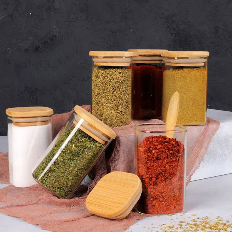 ظروف پیرکس ادویه درب بامبو مربع