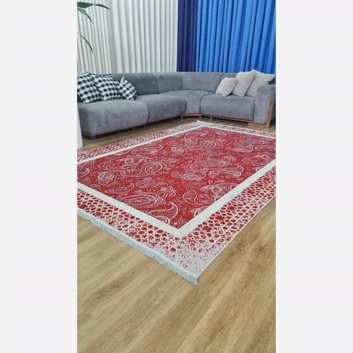فرشینه | فرش چاپی برند حسن نیا چاپی هازان ترک آلبالویی طرح بته جقه h278 (پس کرایه) — تصویر ۳