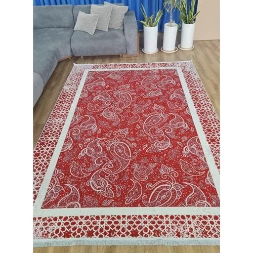 فرشینه | فرش چاپی برند حسن نیا چاپی هازان ترک آلبالویی طرح بته جقه h278 (پس کرایه) — تصویر ۲