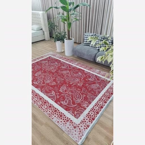 فرشینه | فرش چاپی برند حسن نیا چاپی هازان ترک آلبالویی طرح بته جقه h278 (پس کرایه) — تصویر ۶