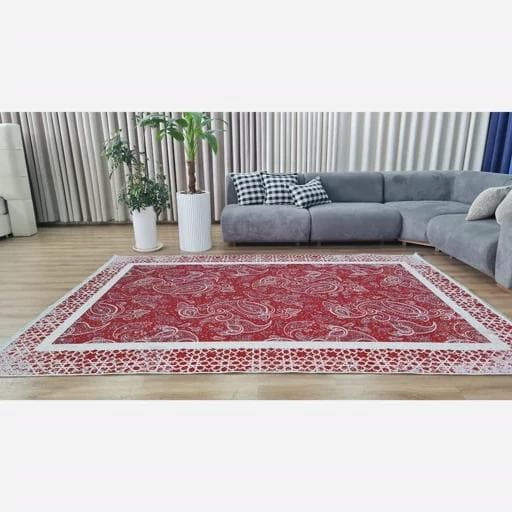 فرشینه | فرش چاپی برند حسن نیا چاپی هازان ترک آلبالویی طرح بته جقه h278 (پس کرایه) — تصویر ۵