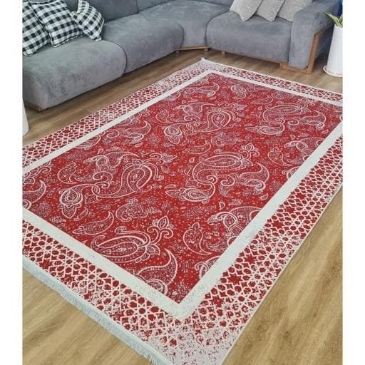 فرشینه | فرش چاپی برند حسن نیا چاپی هازان ترک آلبالویی طرح بته جقه h278 (پس کرایه)