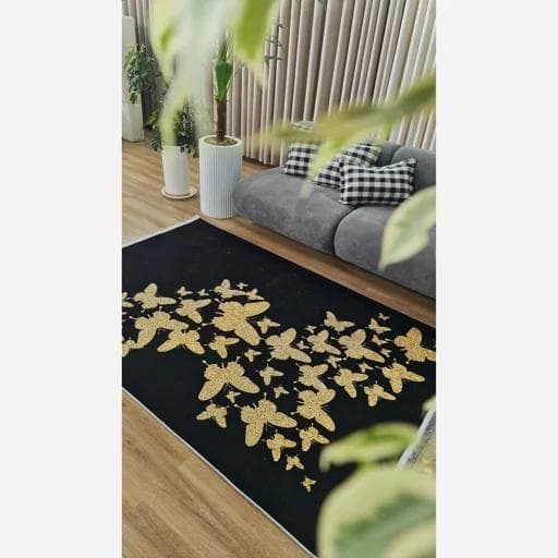 فرشینه | فرش چاپی برند حسن نیا چاپی هازان ترک مدرن مشکی طلایی h247 (پس کرایه) — تصویر ۵