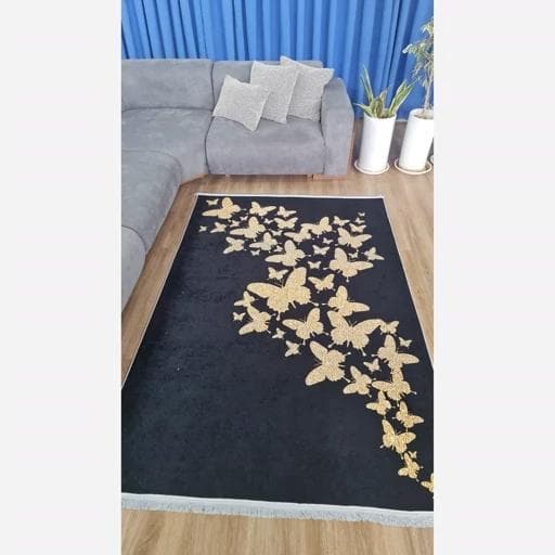 فرشینه | فرش چاپی برند حسن نیا چاپی هازان ترک مدرن مشکی طلایی h247 (پس کرایه) — تصویر ۳