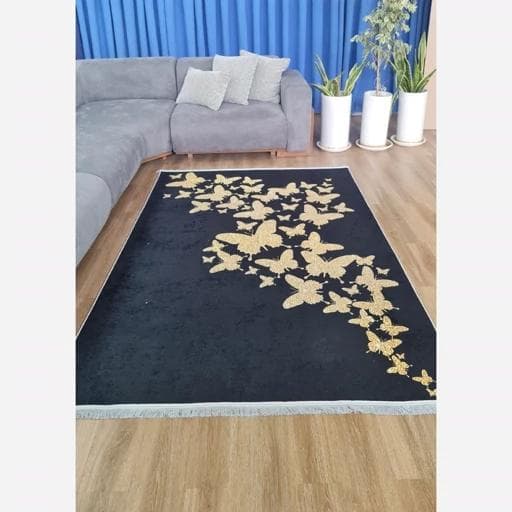 فرشینه | فرش چاپی برند حسن نیا چاپی هازان ترک مدرن مشکی طلایی h247 (پس کرایه) — تصویر ۷