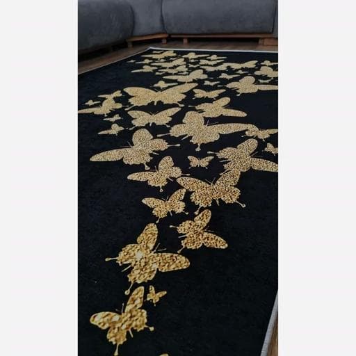 فرشینه | فرش چاپی برند حسن نیا چاپی هازان ترک مدرن مشکی طلایی h247 (پس کرایه) — تصویر ۴