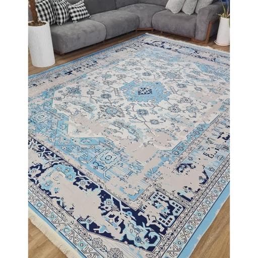 فرشینه | فرش چاپی برند حسن نیا چاپی مخمل آبی وینتیج (پس کرایه) — تصویر ۲