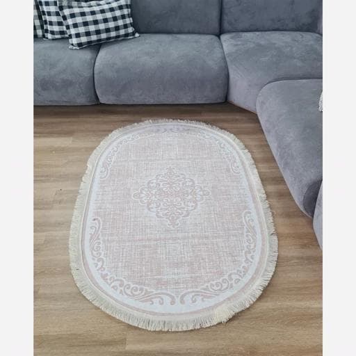 فرشینه | فرش چاپی برند حسن نیا چاپی مخمل بیضی بژ مینیمال B100 (پس کرایه) — تصویر ۳