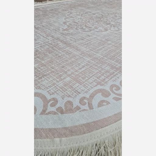 فرشینه | فرش چاپی برند حسن نیا چاپی مخمل بیضی بژ مینیمال B100 (پس کرایه) — تصویر ۲