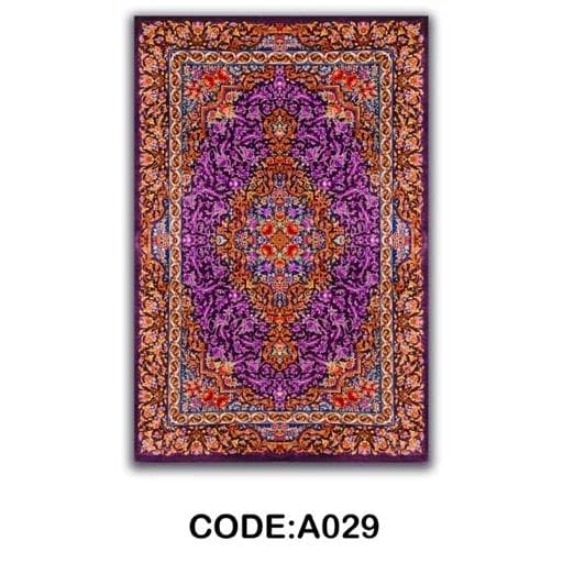 فرشینه | فرش چاپی برند حسن نیا چاپی مخمل سنتی بنفش نارنجی کد 029 (پس کرایه) — تصویر ۲