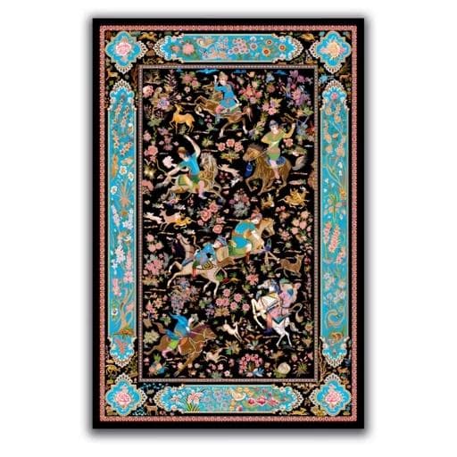 فرشینه | فرش چاپی برند حسن نیا چاپی مخمل طرح شکارگاه زمینه مشکی 05(پس کرایه) — تصویر ۲