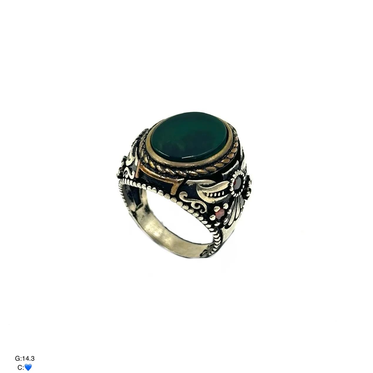 انگشتر نقره مردانه | سنگ عقیق سبز | قلم کاری کد SMA321 — تصویر ۲