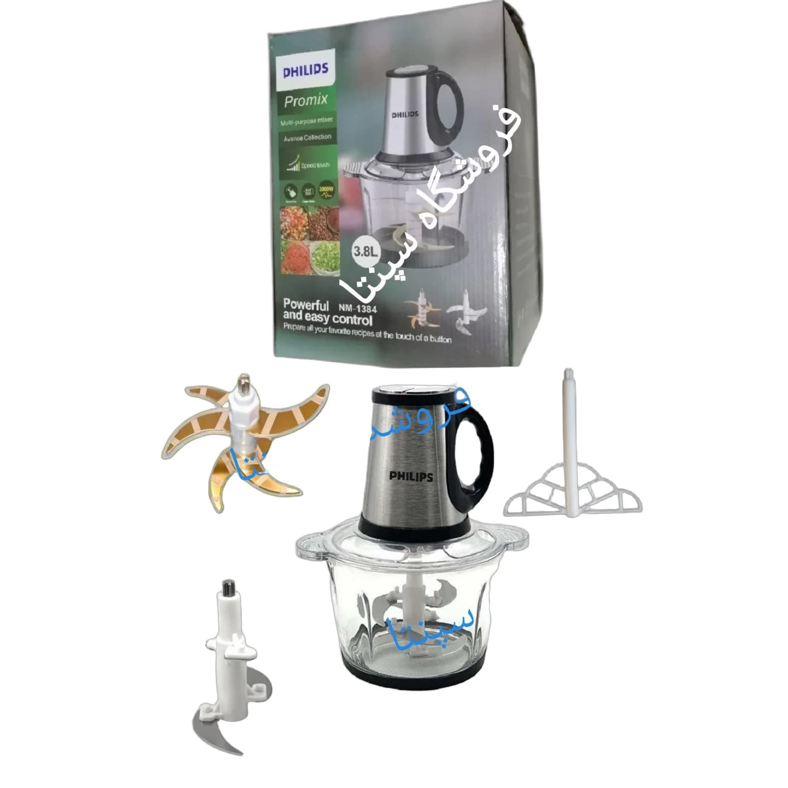 (((((فروش ویژه))))) خردکن فیلیپس Promix (2 تیغه ) PHILIPS (3.8 لیتری) تیغه 6 تیغ طلایی و تیغه 4 تیغ استیل و سری همزن