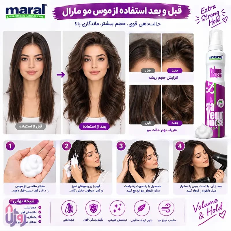 اسپری حالت دهنده مو مارال Maral مدل موس حجمدهنده Volume Mousse با قدرت نگهدارندگی 4 قوی Extra Strong حجم 200 میل — تصویر ۶