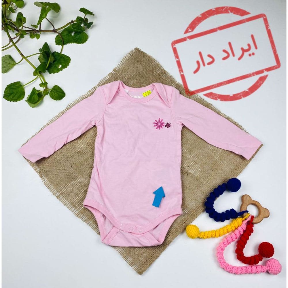 ایراد دار _ بادی نوزادی دخترانه آستین بلند برند لوپیلو طرح گل یقه گرد صورتی رنگ – 2 تا 6 ماه