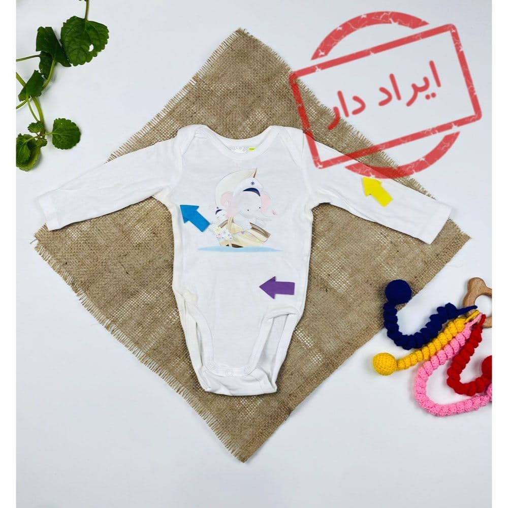 بادی نوزادی آستین بلند طرح فیل یقه گرد سفید رنگ – 1 تا 2 ماه